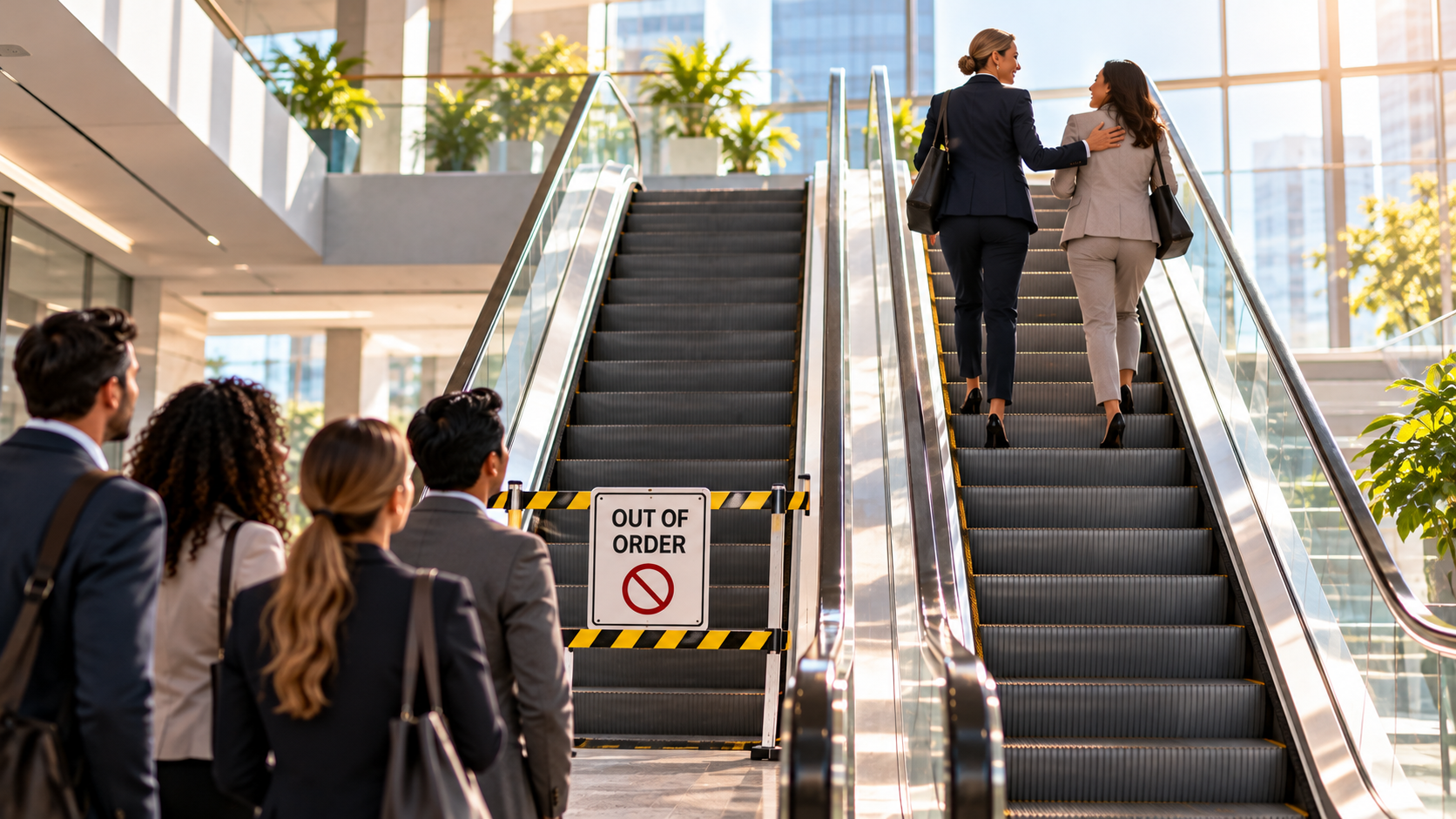 Two businesswomen ride an escalator upward while a group of colleagues waits beside an out-of-order escalator.