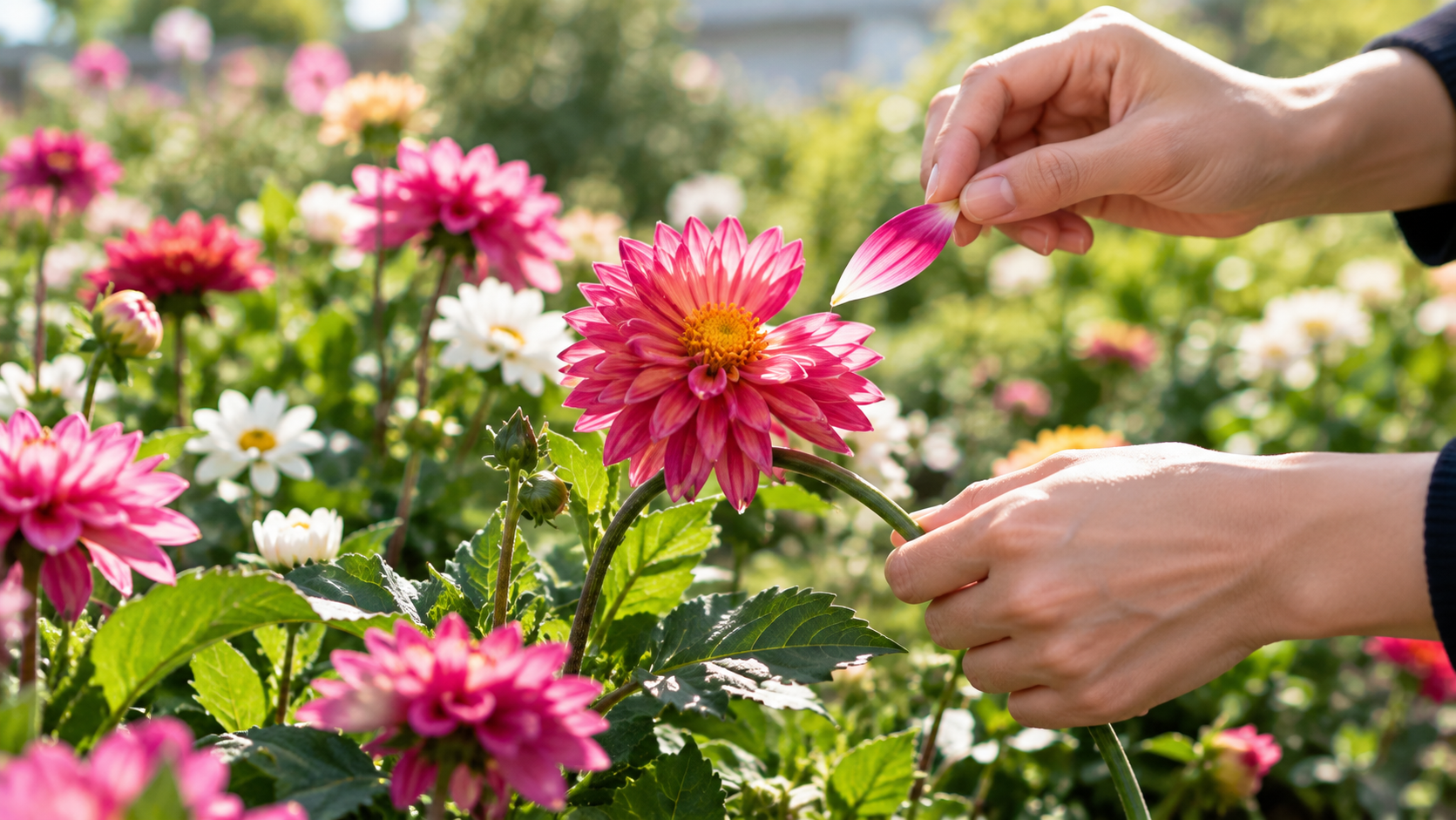 Hands holding a pink flower while pulling away one of its petals in a colorful garden.