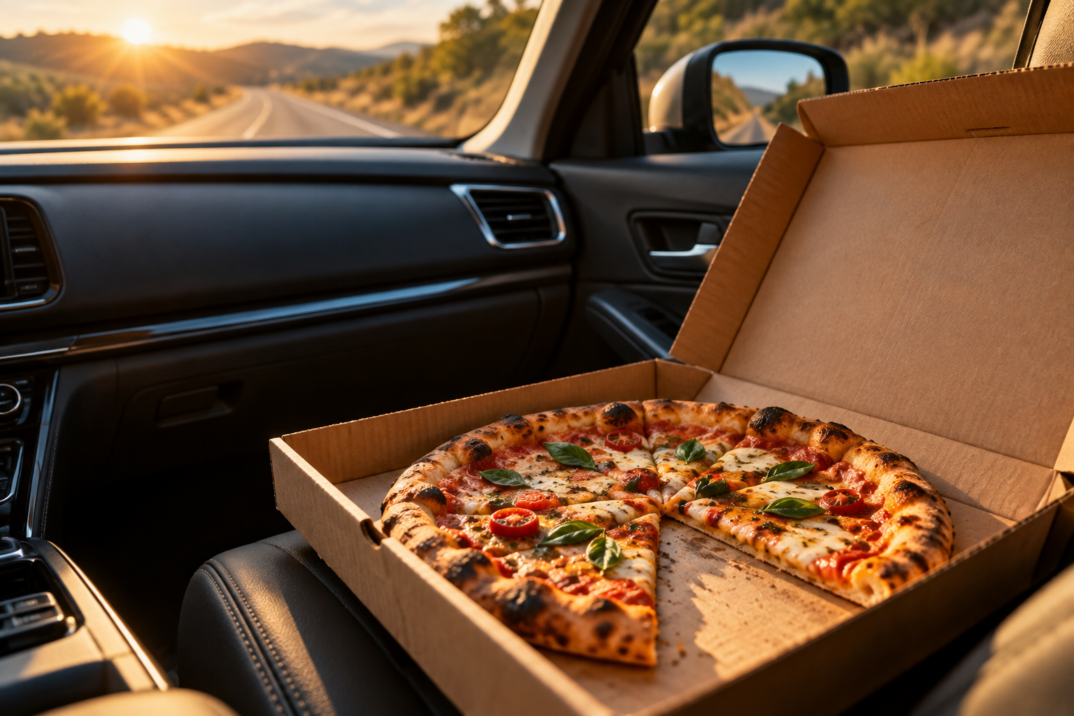 An open pizza box with one slice missing sits on a car’s passenger seat during a drive.