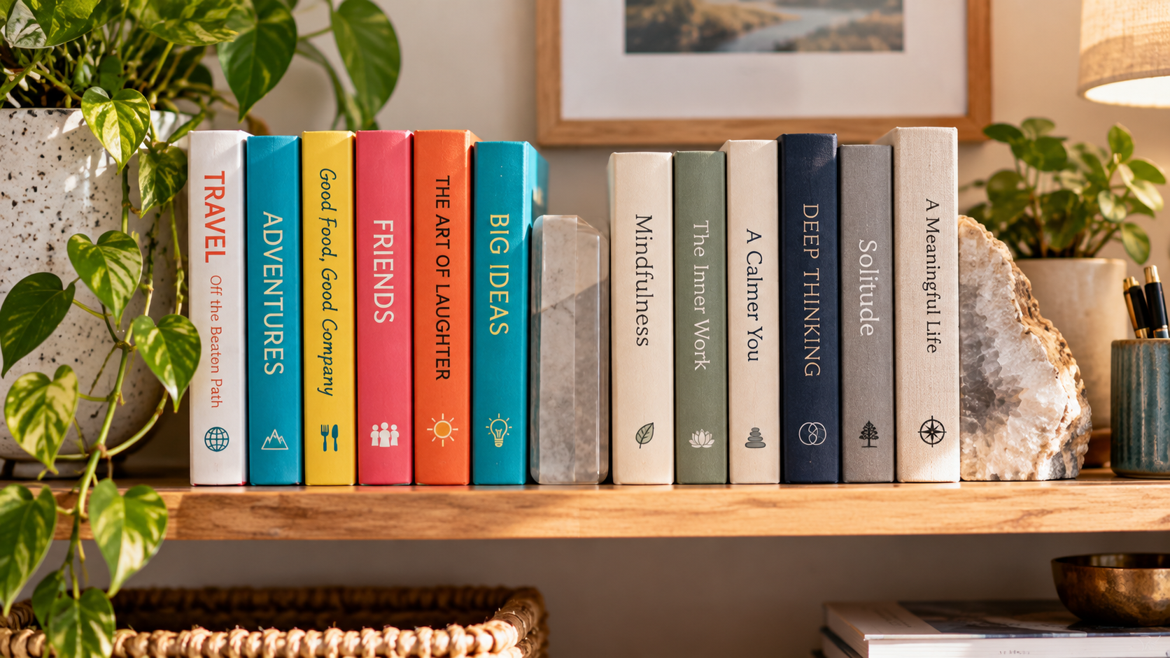 A bookshelf displays colorful books about adventure, friendship, laughter, and ideas alongside books about mindfulness, solitude, and inner reflection.