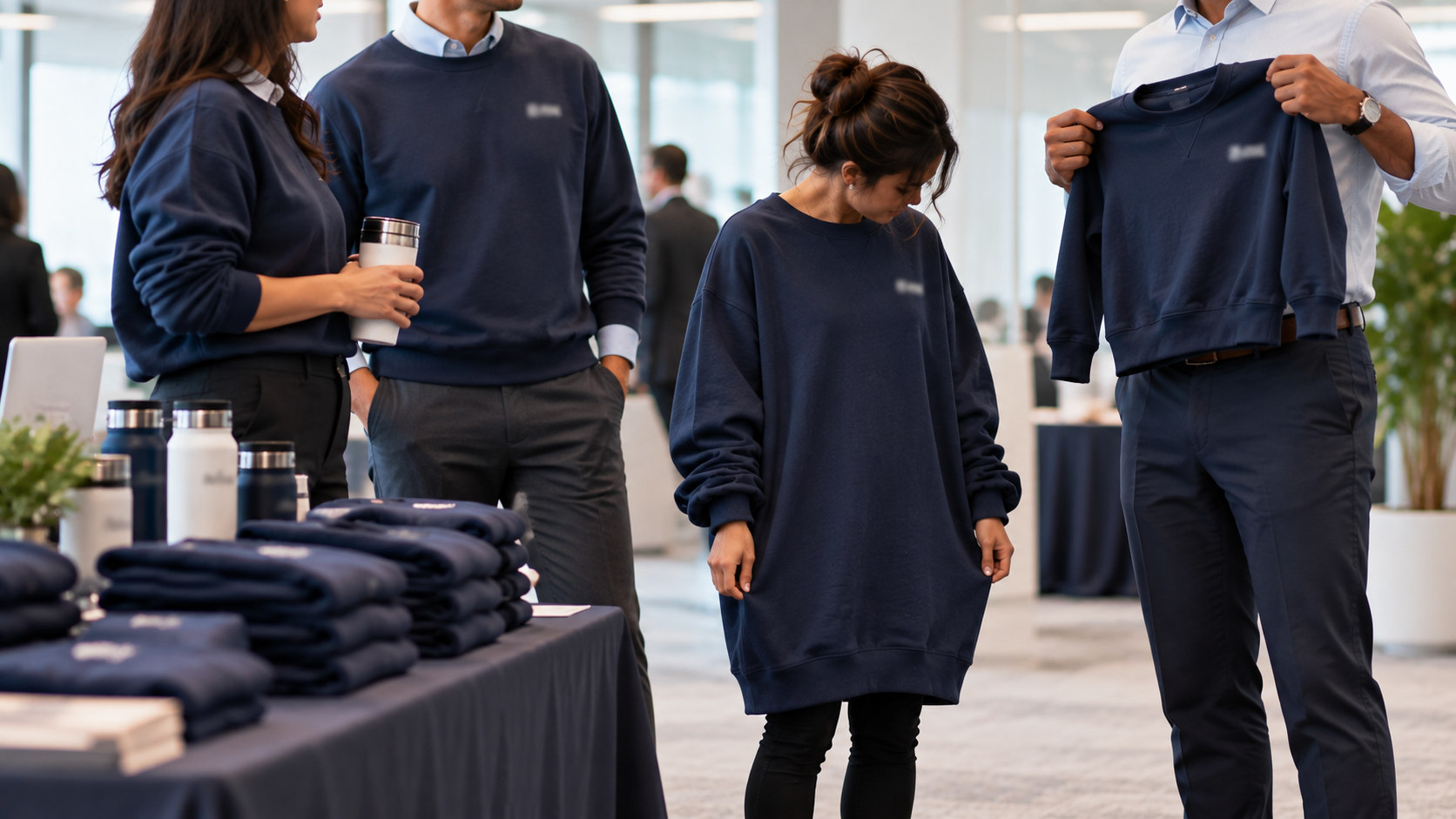 A woman looks down at an oversized navy sweatshirt while colleagues examine promotional clothing at a workplace event.